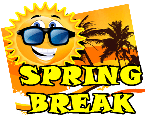 Yellow spring break with smiling sun and yellow ocean front postcard with palm trees in background on transparent background
