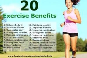 20 Exercise Benefits list with young woman running in pink tank top and black shorts in park