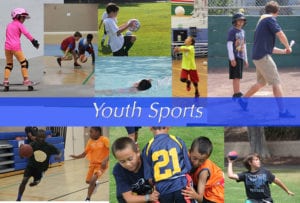 collage of youth playing sports like football, basketball swimming, baseball, volleyball, soccer, skateboarding