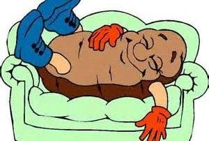Humanized potato with red gloves and blue boots and face on mint green couch