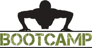 Black filled-in outline of muscular man doing a push up on top of camo lettering of "bootcamp
