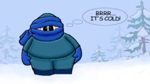 Cartoon large man covered in blue winter clothes in winter wood landscape with transparent thought bubble "Brrr... it's cold"