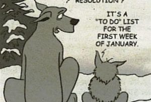 Cartoon of large dog asking small dog what New Years Resolution is in winter landscape