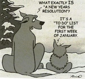 Cartoon of large dog asking small dog what New Years Resolution is in winter landscape