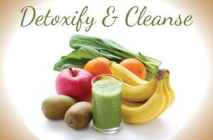 Graphic of fruits and vegetables with detoxify and cleanse wording