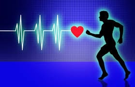 Cartoon black filled-in man running from left towards red heart with heart beat on two-tone blue background