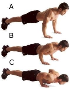 Three-step-guide to doing pushups ofshirtless muscular man wearing black shorts and tennis shoes
