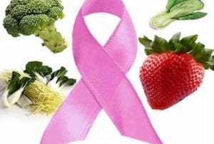 Pink crossed ribbon in middle of broccoli, strawberry, bok choy, and green