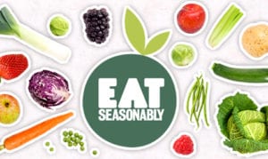 White outline vegetables and fruits surrounding eat seasonably in green circle