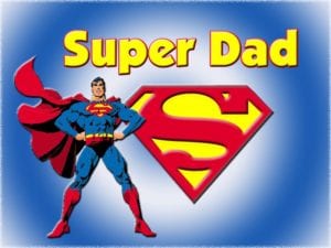 Standing Superman and S under yellow super dad in front of blue circle fade
