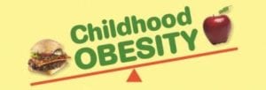 Orange seesaw with tipped to cheeseburger labeled with green childhood obesity and red apple on yellow background