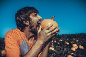 Young bearded man wearing gray and orange taking big bite out of small pumpkins in pumpkin patch