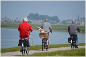 Two elderly people in gray biking and one elderly person in red biking along lake with town in background